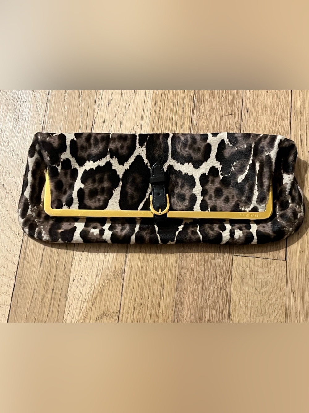 Jimmy Choo Large Leopard Print Foldable Clutch with Gold Trim